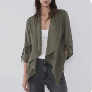 Zara Women's Olive Green Waterfall Open Front Draped Jacket Blazer Size Small